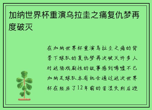加纳世界杯重演乌拉圭之痛复仇梦再度破灭