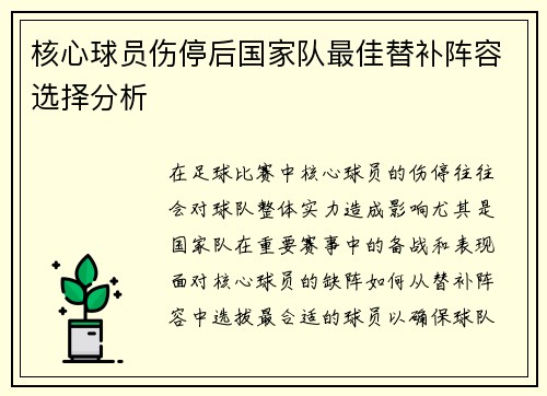 核心球员伤停后国家队最佳替补阵容选择分析